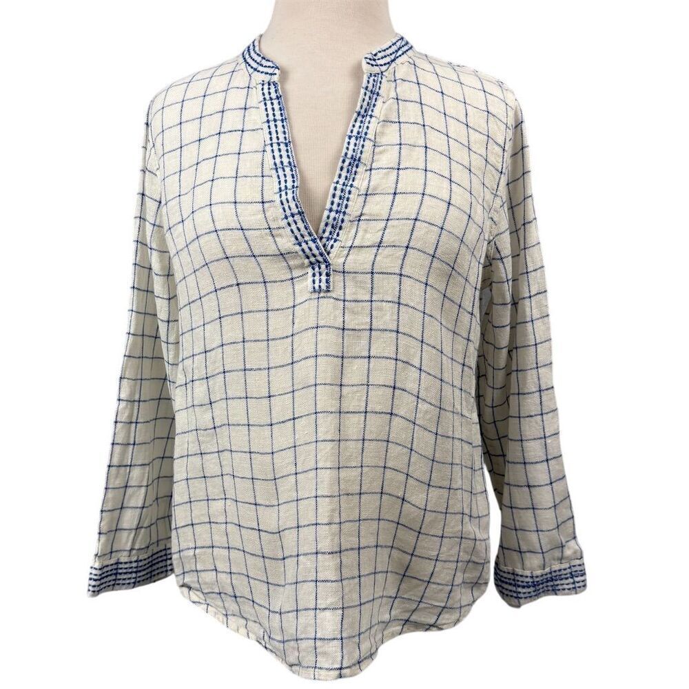 Faherty Women's Plaid V-Neck Linen Blouse Blue Size M Casual Top